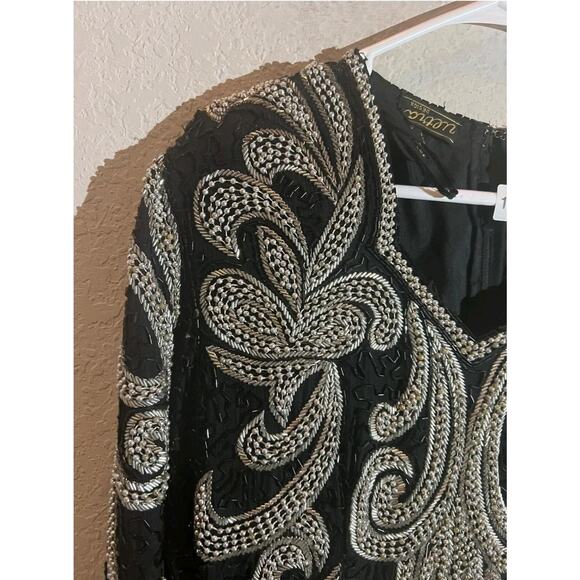 VTG Wayne Clark Silk Gown Evening Dress Womens Size L Black Silver Beaded 90s - Picture 4 of 12